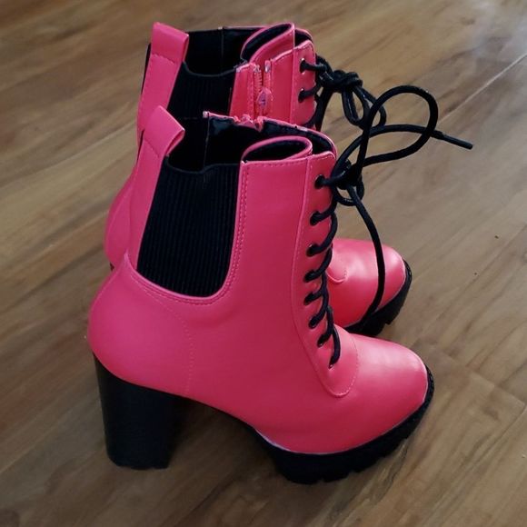 Yoki Pink Lug Laceup Booties - Picture 2 of 5
